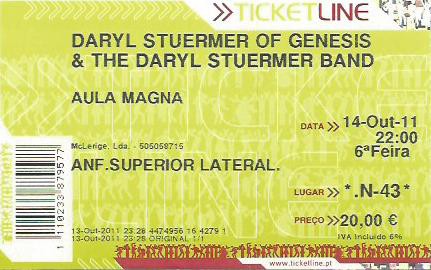 Bilhete do concerto da Daryl Stuermer Band na Aula Magna, Lisboa, 14 de Outubro de 2011